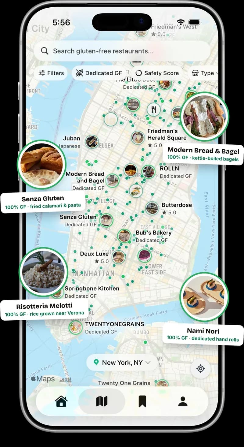 Sansglu map of Manhattan with gluten-free restaurants, including Senza Gluten, Risotteria Melotti and Nami Nori