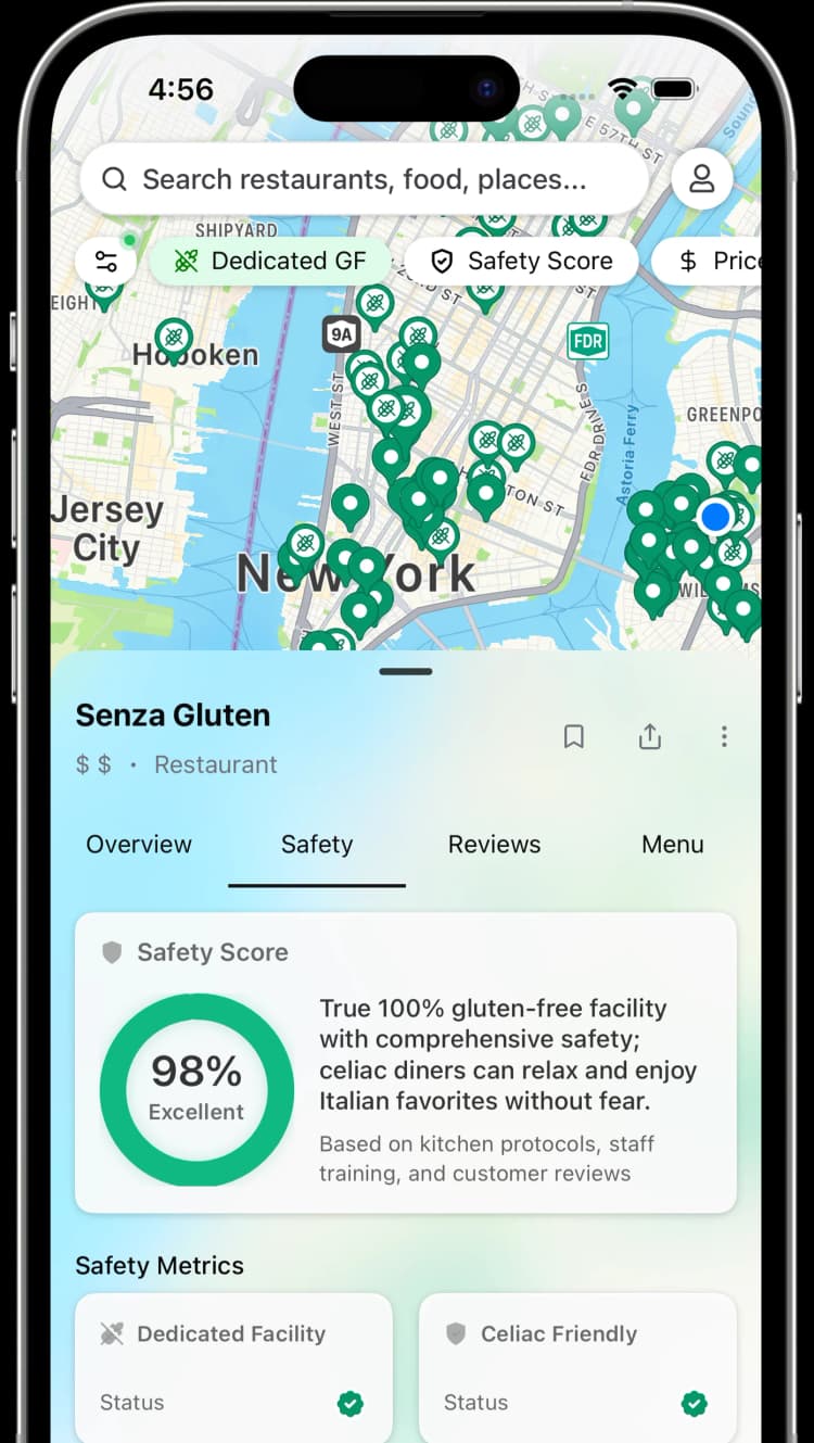 Sansglu app showing a map of gluten-free restaurants with safety scores and filters