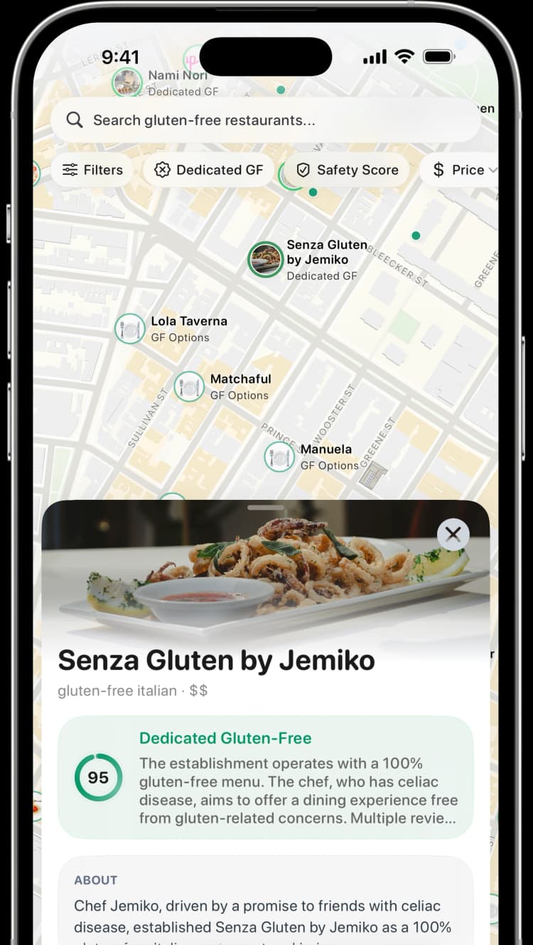 Sansglu app showing Senza Gluten by Jemiko, a dedicated gluten-free restaurant, with a 95 safety score