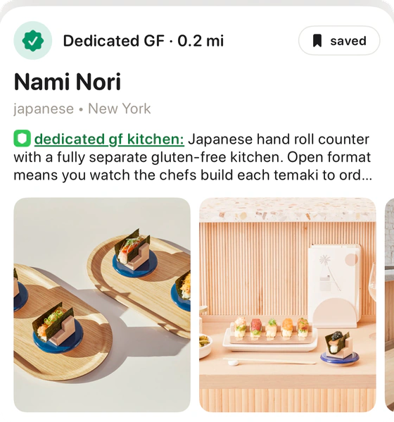 Sansglu feed card for Nami Nori, a dedicated gluten-free Japanese hand roll counter in New York, with temaki photos