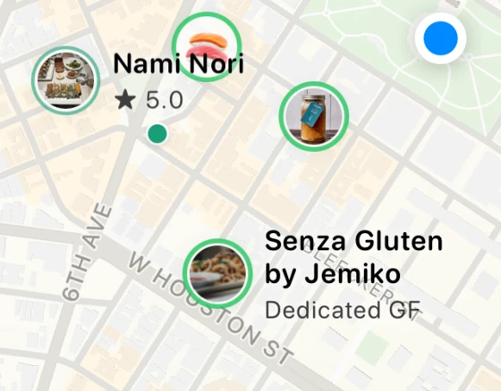 Sansglu map markers with dedicated gluten-free labels in Greenwich Village