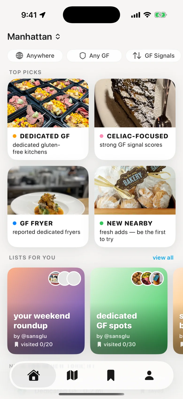 Sansglu curated discovery feed with nearby gluten-free restaurants, editorial lists, and community activity