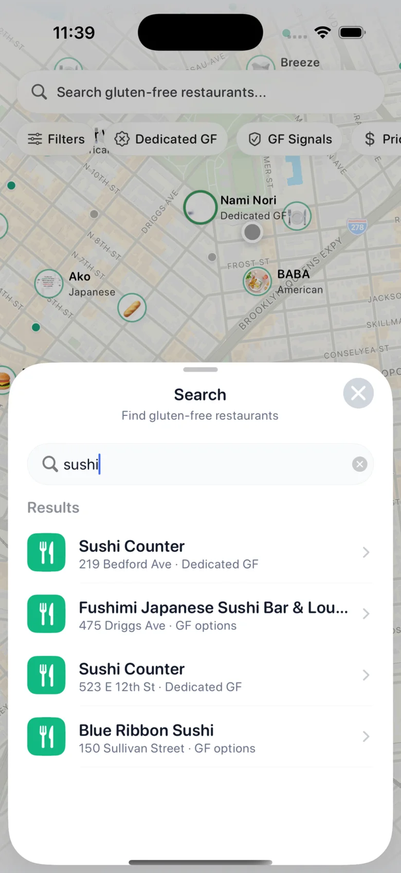 Sansglu search results separating dedicated gluten-free restaurants from GF options