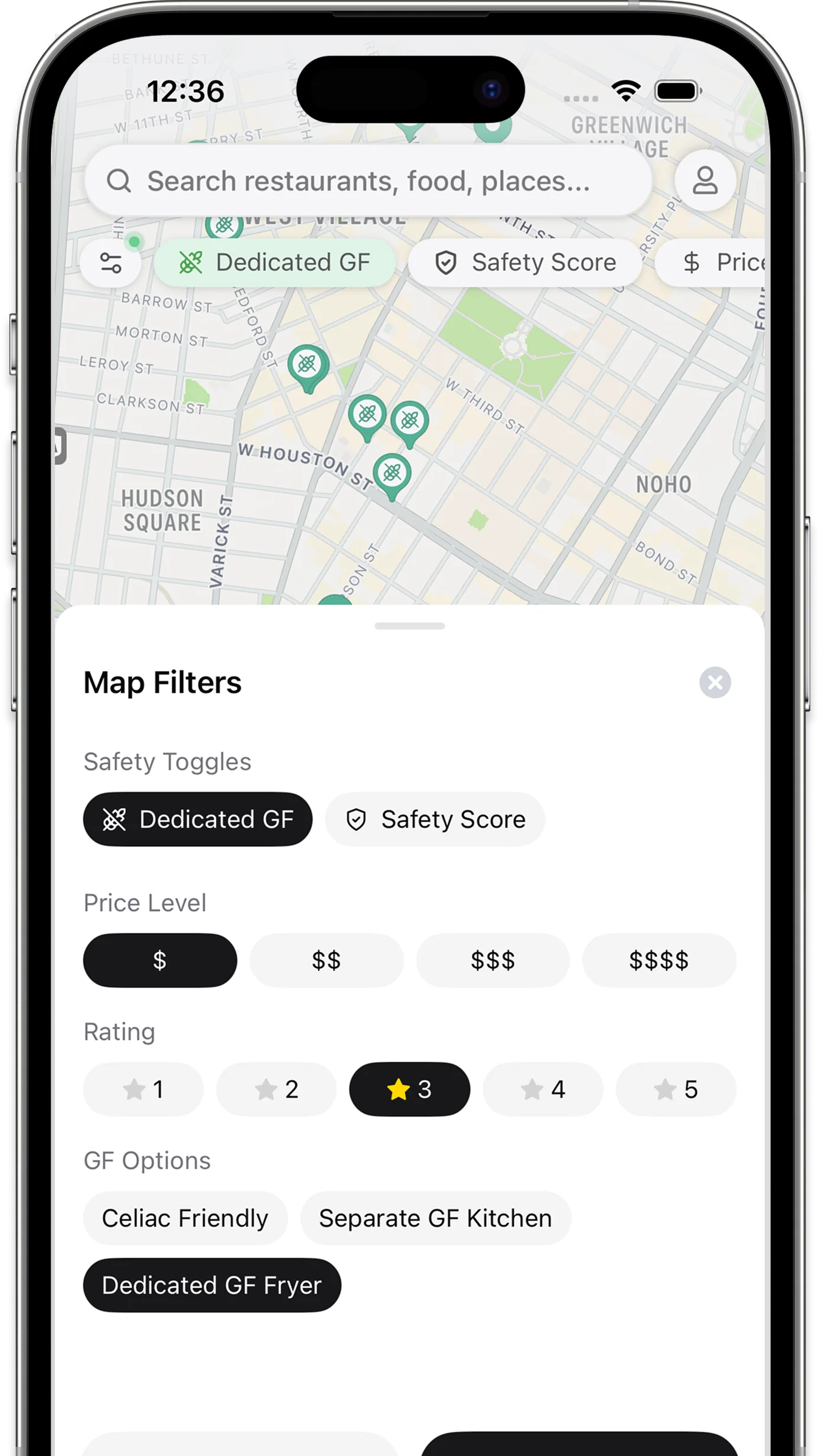 Sansglu app filters for dedicated gluten-free kitchens and separate fryers