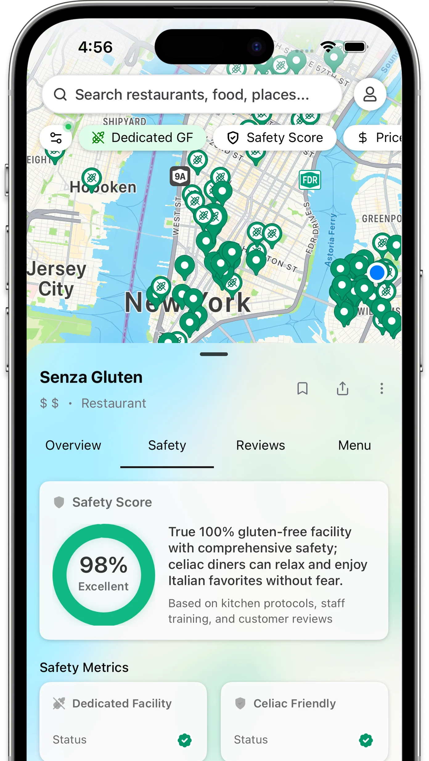 Sansglu app map of gluten-free restaurants with safety-coded pins