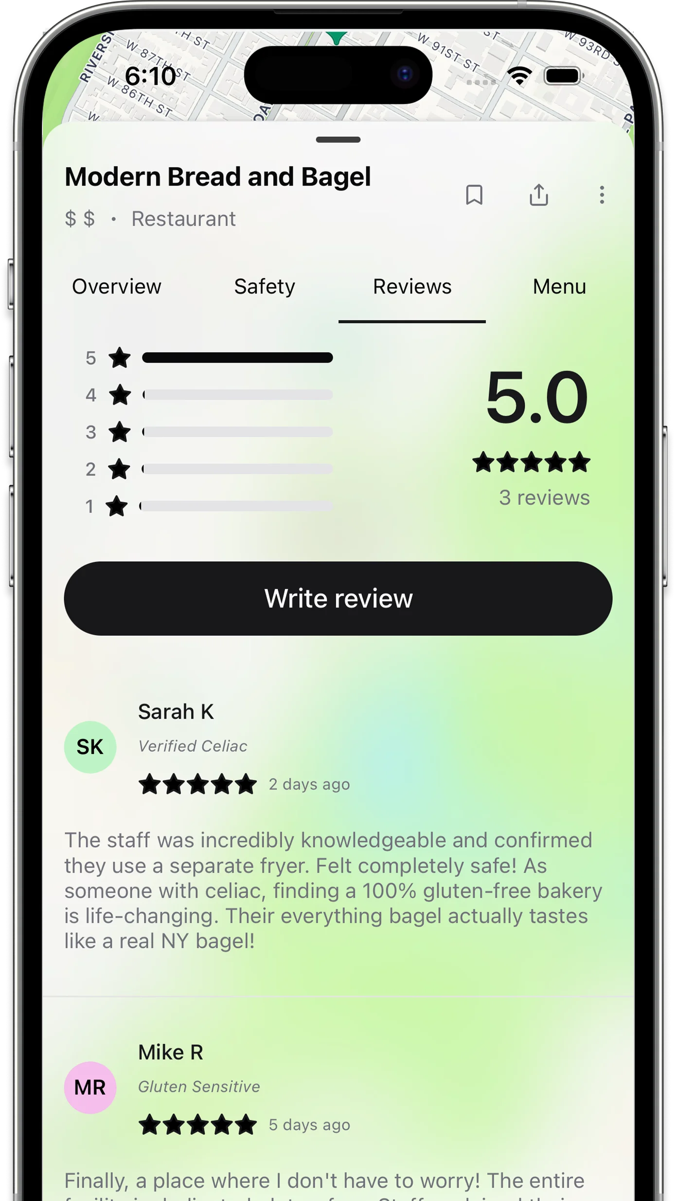 Sansglu app celiac community reviews of a gluten-free restaurant