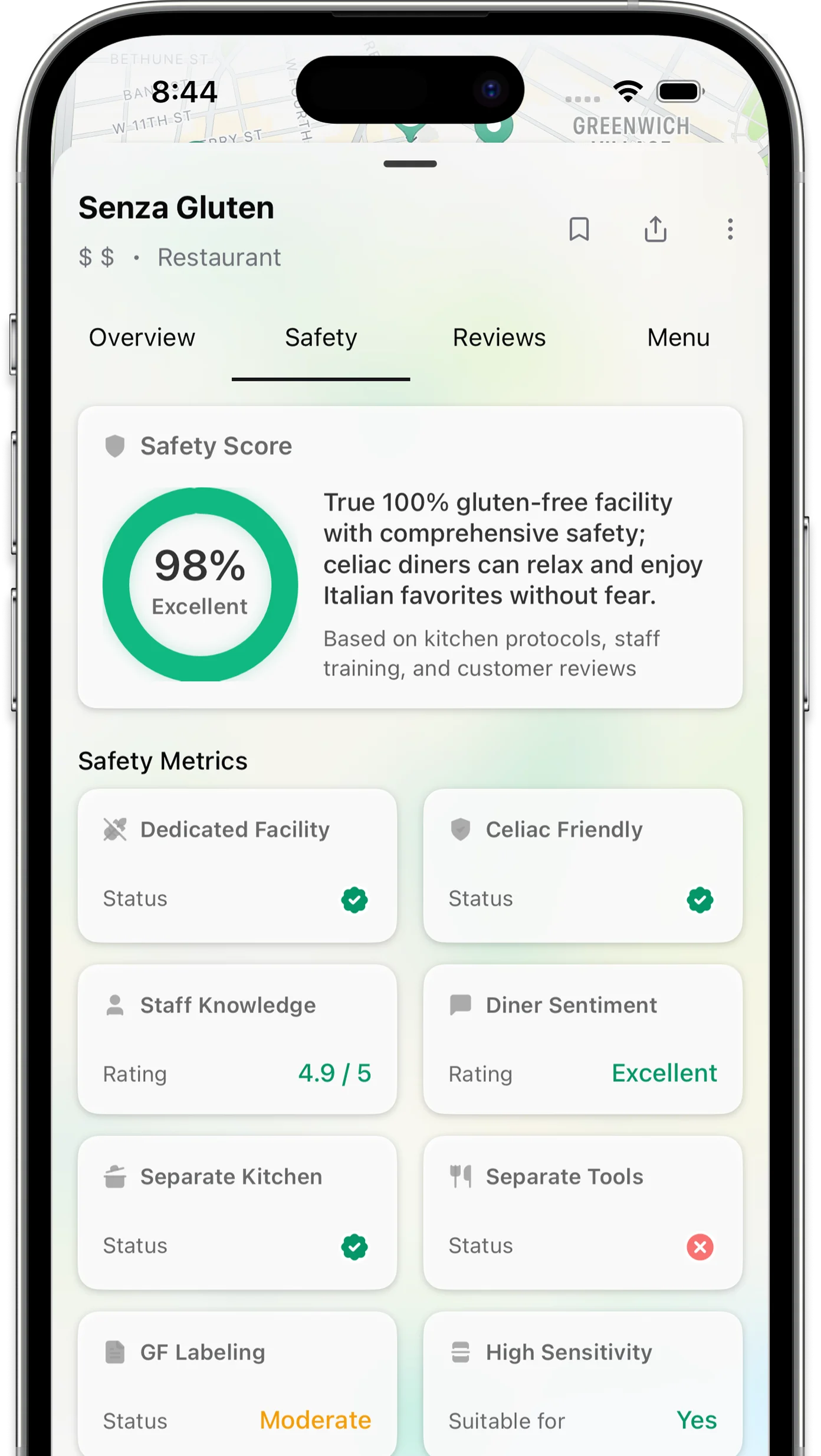 Sansglu safety score screen showing a 0-100 celiac safety rating